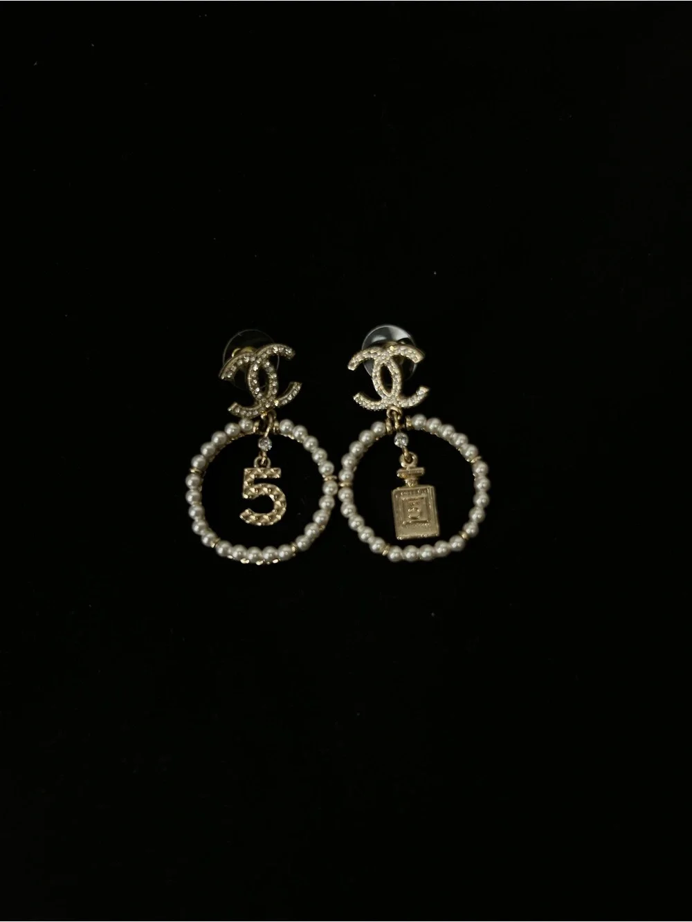 CHANEL Gold-Tone Pearl Hoop Earrings with CC Logo and Charms